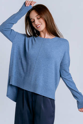 Kerisma Wagner Crew Top in Azzuro blue featuring a relaxed silhouette, crew neckline, long sleeves, and slightly cropped hem.