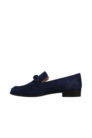 VANELi Kaye Loafer in navy suede featuring an apron toe, knotted keeper strap, and low stacked heel.
