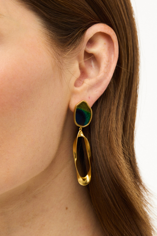 Brackish Kimberly Organic Drop Earrings handcrafted with iridescent peacock feathers and matte gold-plated organic drop accents.