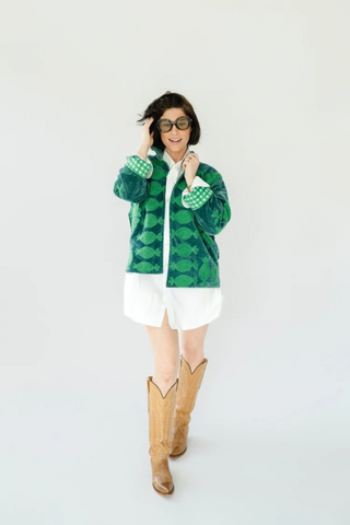 Eleanor James Brand Sgt. Pepper Crew Jacket in Green Onions featuring rich blue velvet with tonal hand-finished Suzani embroidery.