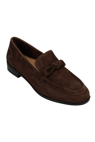 Brown suede Kaye Loafer with apron toe, knotted keeper strap, and low stacked heel.