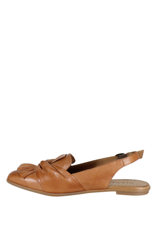 Diba True People Talk Flat in Coconut leather featuring a slingback strap, almond toe, bow detail, and low flat heel.