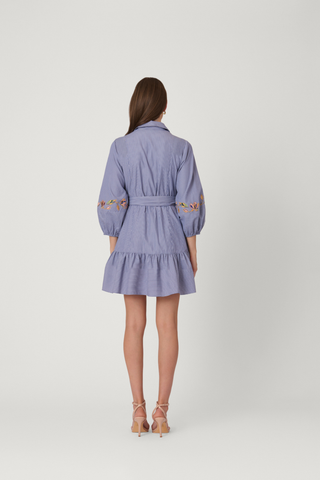 Woman wearing a light blue dress with decorative elements on a white background