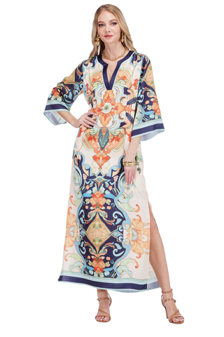 Jade Trimmed Maxi Dress in colorful Azure Medallion print with contrast trim, three-quarter sleeves, and side slit.