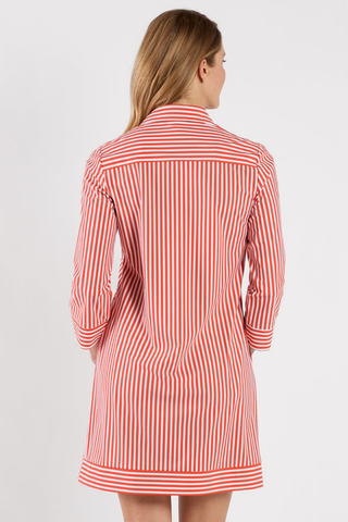 Jude Connally Finley dress in coral and white stripe with collar and three quarter sleeves