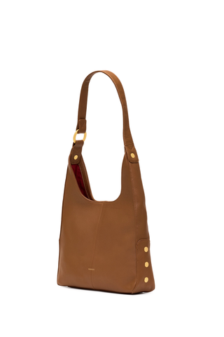 Hammitt Tim Med Handbag in Mahogany Pebble featuring warm brown pebbled leather, brushed gold hardware, and a relaxed hobo silhouette.