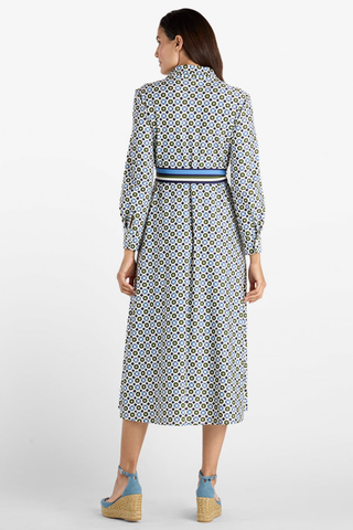 Jude Connally Kitty Dress in Birdseye Geo Combo featuring a navy and white geometric print, point collar, long sleeves, and removable belt.