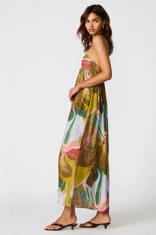 Steve Madden Yazmina maxi dress in Marble print featuring a flowy halter silhouette with bead detailing and abstract olive and blush tones