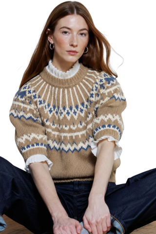 Autumn Cashmere Fair Isle Crew Sweater in Paper Bag and Bluestone featuring a multicolor patterned knit, crew neckline, and long sleeves.