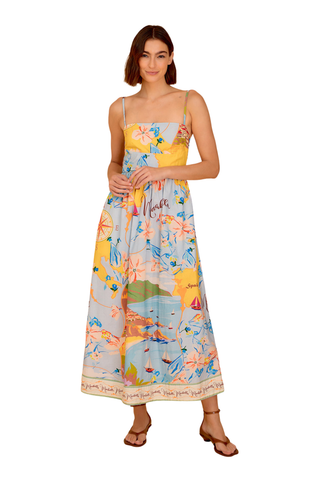Printed midi dress with scenic travel-inspired motif and smocked back by Olivia by Livro