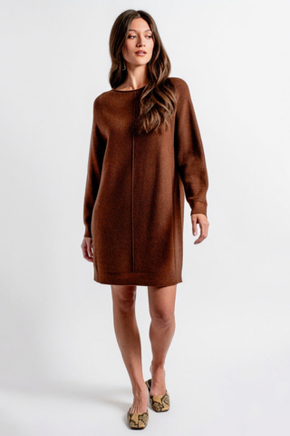 Kerisma Assima Sweater Dress in Brownie featuring a rich chocolate brown knit, long raglan sleeves, center-front piping, and a relaxed mini silhouette.