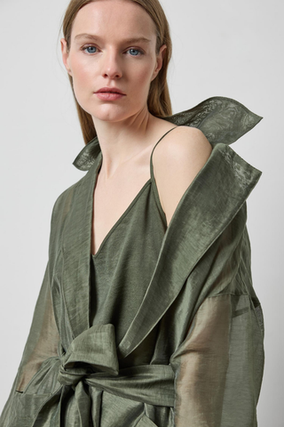 Lilla P Sheer Notch Collar Cardigan in Fir Sheer featuring green organza, dramatic notch lapels, and a tie-front silhouette.