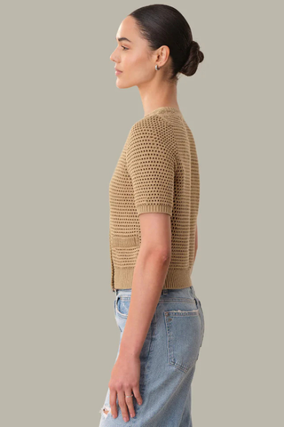 525 Marie Cardigan Chanterelle open knit short sleeve button front cropped cotton cardigan styled with denim