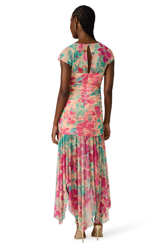 Pink and green tropical floral sheath dress with cap sleeves and ruched bodice by Steve Madden