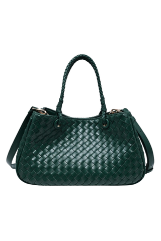 Urban Expressions Karym Satchel in Emerald featuring rich green woven vegan leather, braided top handles, a structured silhouette, and an adjustable detachable shoulder strap.
