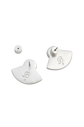 Brackish Bianca Stud Earrings in Silver featuring handcrafted white rooster feathers in a fan silhouette with sterling silver-plated stud hardware.