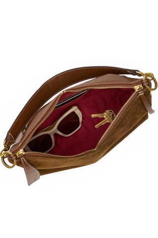 Hammitt Grace Med Handbag in Cinnamon Suede with antique gold hardware, brown leather trim, V-shaped top edge, and detachable straps.