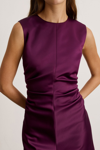 Tanya Taylor Tallulah Dress in Blackberry featuring a sleeveless satin mini silhouette with a crew neckline and gathered waist detailing.