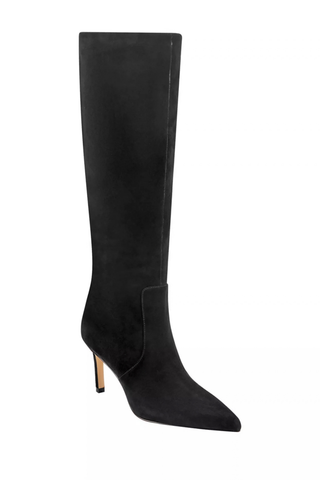Marc Fisher Callena Boot in black featuring a knee-high leather silhouette, pointed toe, inside zip, and slim stiletto heel.