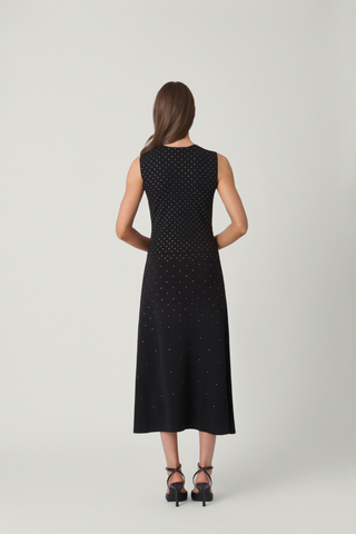 Shoshanna Serenity Dress in jet black featuring a sleeveless midi silhouette and subtle textured finish.