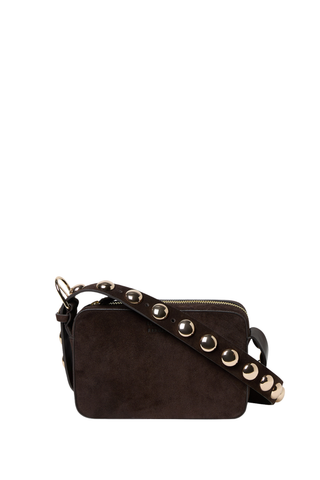 Loeffler Randall Tally Studded Camera Bag in Tmoro dark brown with compact silhouette and statement metal-studded crossbody strap.