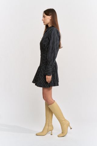 En Saison Tricia Mini Shirt Dress in Black Ivory featuring a striped pattern, collared neckline, long sleeves, defined waist, and flared mini skirt.
