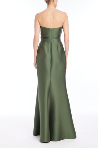Badgley Mischka Belted Loop Bodice Gown in olive featuring a strapless neckline, fitted bodice, belted waist, and floor-length silhouette.