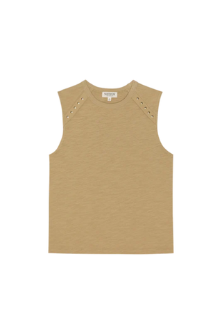Woman wearing a toffee brown sleeveless tank top with crew neckline and subtle shoulder detailing from Nation paired with denim.