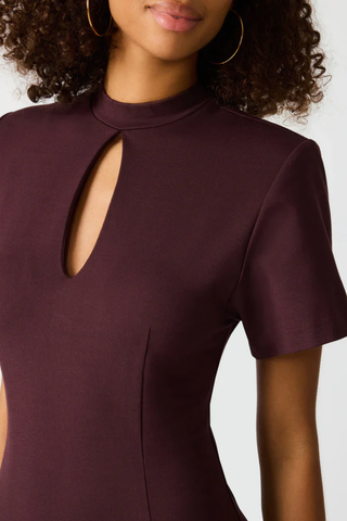 Close-up of a person wearing a dark purple dress with a cutout design on a white background