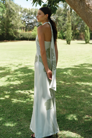 Green halter neck fitted maxi dress with floral print by Especia
