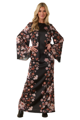 Prosperina Nix Maxi Dress in Nocturne featuring a long-sleeve black floral maxi silhouette with warm pink and rust-toned flowers.