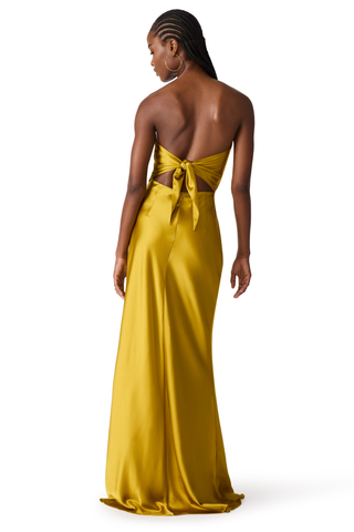 Steve Madden Elaia Dress in Oilspill featuring a strapless satin maxi silhouette with a statement back tie detail.