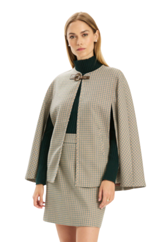 Tyler Boe Brandy Check Cape in Iced Coffee featuring a neutral check pattern, contrast dark collar, and relaxed cape silhouette.