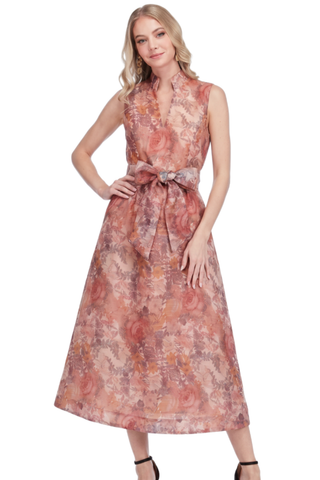 Jade Stand Collar Fit & Flare Dress in Vintage Blush featuring a pink floral print, sleeveless bodice, defined waist, and flowing maxi skirt.