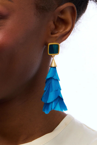 Brackish Sheridan Statement Earrings featuring layered royal blue goose feathers, peacock feather accents, and 24k gold plated stud earrings