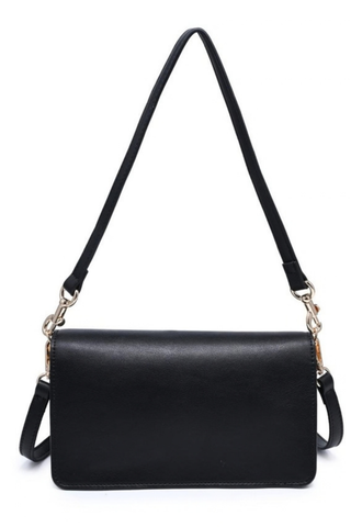 Urban Expressions Coco Crossbody in Black featuring a structured vegan leather silhouette, flap front, gold-tone buckle detail, and detachable strap.