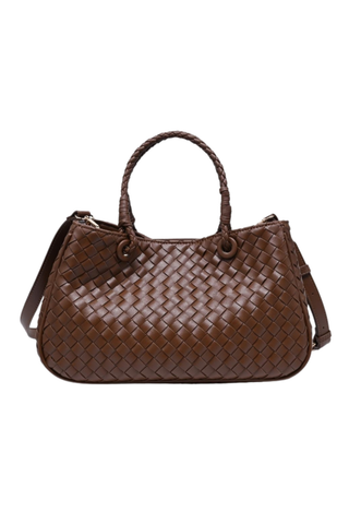 Urban Expressions Karym Satchel in Chocolate featuring woven brown vegan leather, braided top handles, a structured silhouette, and an adjustable detachable shoulder strap.