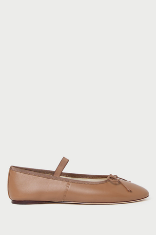 Loeffler Randall Leonie Soft Ballet Flat in Safari tan leather featuring a bow detail, elastic bridge strap, and almond-shaped toe.