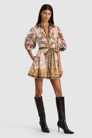 Alice + Olivia Lucy Mini Shirt Dress in True Grandeur featuring a colorful floral and paisley-inspired print, collared neckline, blouson sleeves, and adjustable tie waist.