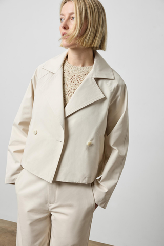 Lilla P Short Blazer in Porcelain featuring a cropped double-breasted silhouette, notch lapels, and structured cotton twill.