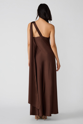 Steve Madden Aurorah Dress in Shaved Chocolate brown featuring a one-shoulder maxi silhouette, gold-tone hardware, and draped back scarf detail.