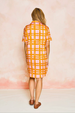 Sheridan French Rhodes mini dress in orange and pink gingham with short sleeves and relaxed fit