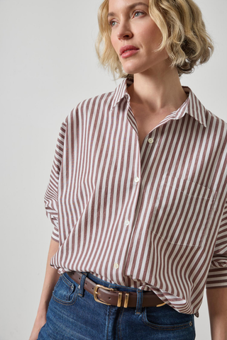 Lilla P Dolman Sleeve Button Down Shirt in Chestnut Stripe featuring a collared button front, relaxed fit, and dolman sleeves.