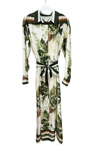 Milio Milano Chateau Garden Dress in green featuring a long-sleeve printed maxi silhouette with a self-tie waist.