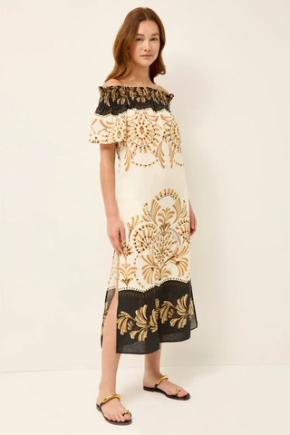 Marie Oliver Lola Dress in Fleuron with off-the-shoulder neckline, relaxed column silhouette, and Mediterranean tile-inspired print in cream, tan, and black