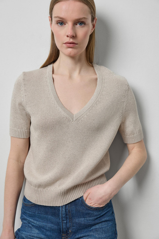 Dove Sparkle V-neck short-sleeve sweater in a soft cotton-cashmere blend with subtle shimmer.