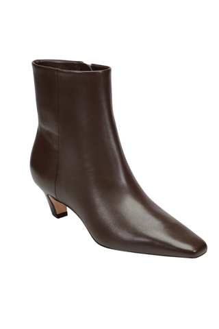 Marc Fisher LTD Danai Bootie in dark brown leather featuring a square toe, low kitten heel, and sleek ankle silhouette.