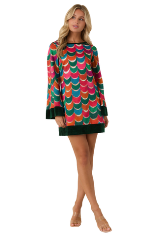 Prosperina Shannon Dress in Party Planner featuring a vibrant multicolor geometric print, long sleeves with dark green cuffs, and a relaxed mini shift silhouette.
