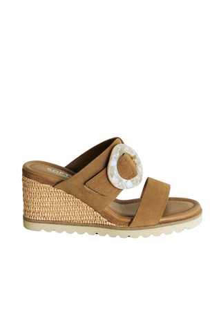 Softwaves Massima wedge sandal in tan suede with raffia wedge heel and oversized buckle detail