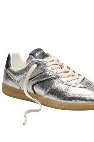 Silver metallic cracked leather sneaker with gum sole by Verbenas
